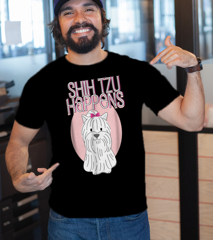 Shih Tzu Happens Dog Pink Bow Oval Background T-Shirt