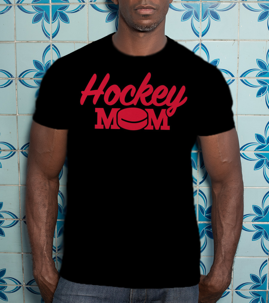 Hockey Mom Fitted Red Text With Puck T-Shirt