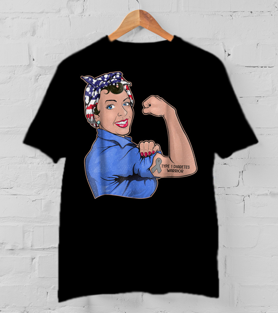 Type 1 Diabetes Warrior American Flag Rosie The Riveter Style Lady Girl35 T-Shirt
