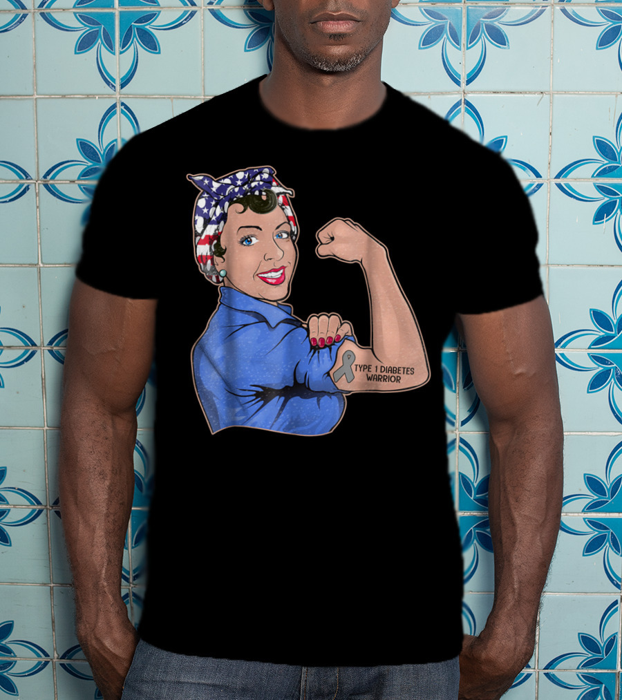 Type 1 Diabetes Warrior American Flag Rosie The Riveter Style Lady Girl35 T-Shirt
