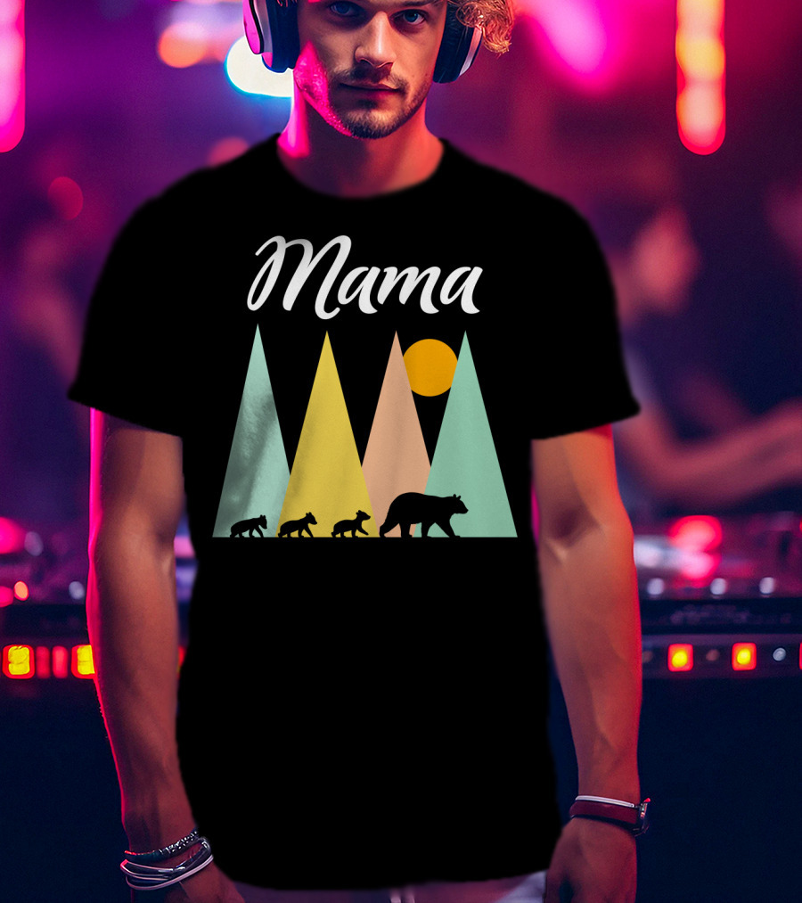 Mama Bear With Three Cubs Camping In The Mountains T-Shirt