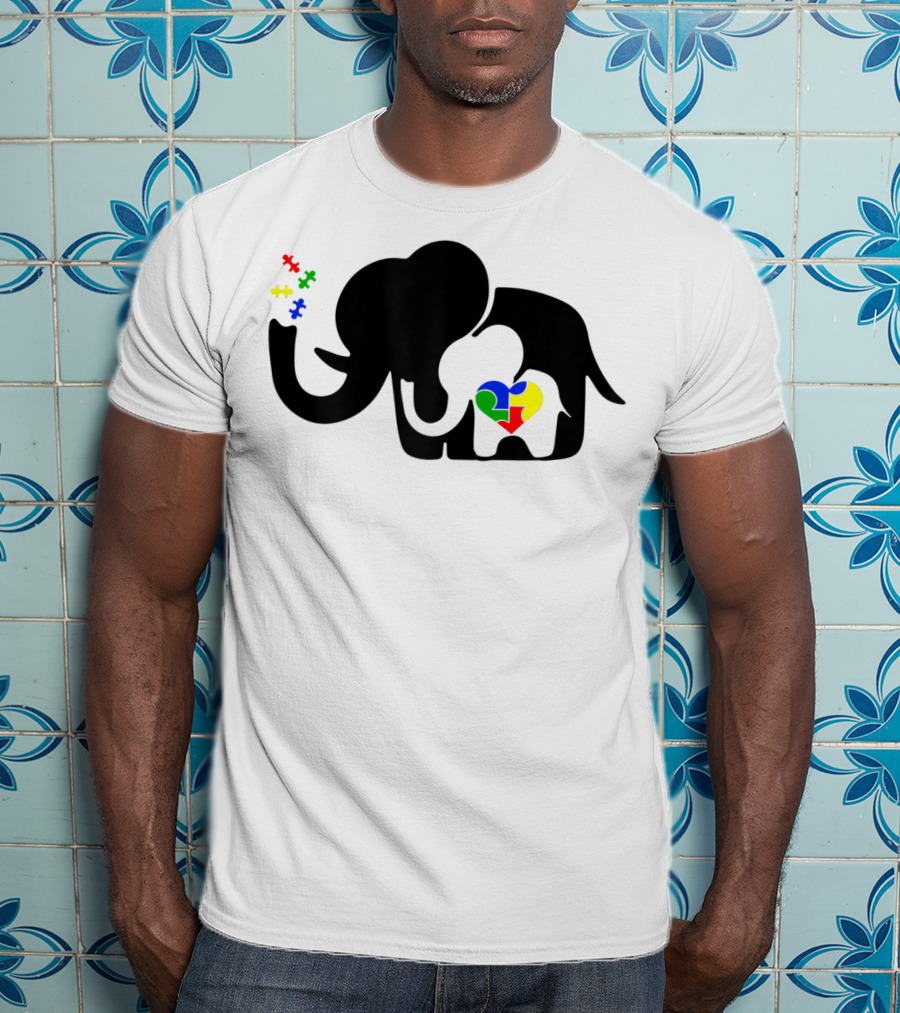 Autism Awareness Elephant With Puzzle Heart And Baby Elephant For Autism Mom T-Shirt