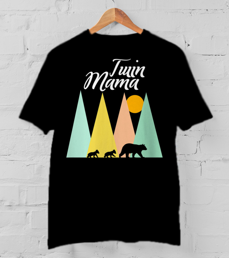 Twin Mama Bear With Cubs In Colorful Forest Scene T-Shirt