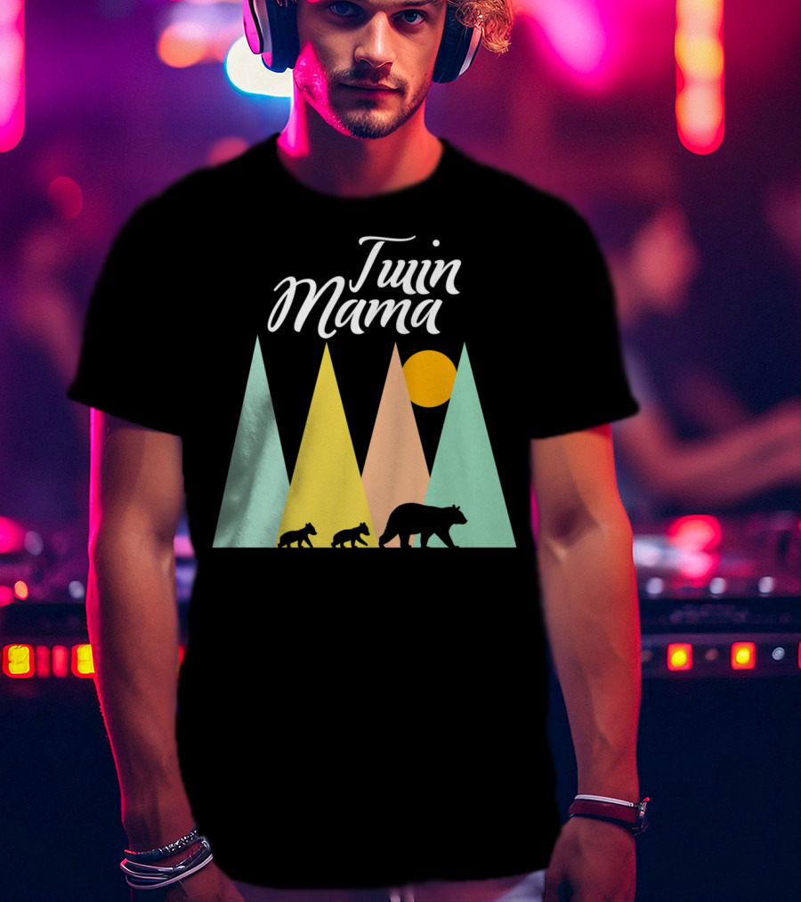 Twin Mama Bear With Cubs In Colorful Forest Scene T-Shirt
