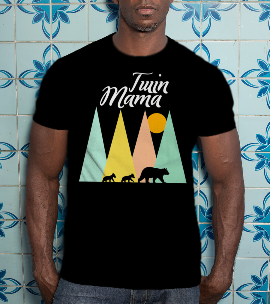Twin Mama Bear With Cubs In Colorful Forest Scene T-Shirt
