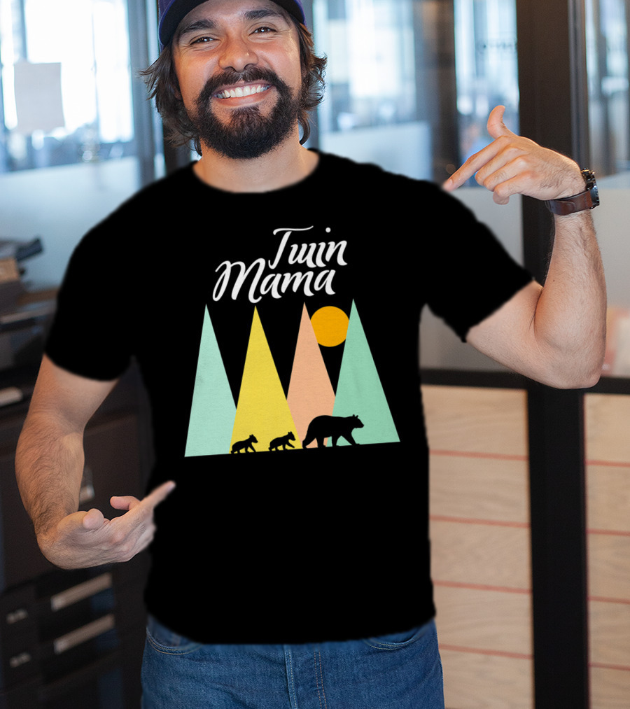 Twin Mama Bear With Cubs In Colorful Forest Scene T-Shirt
