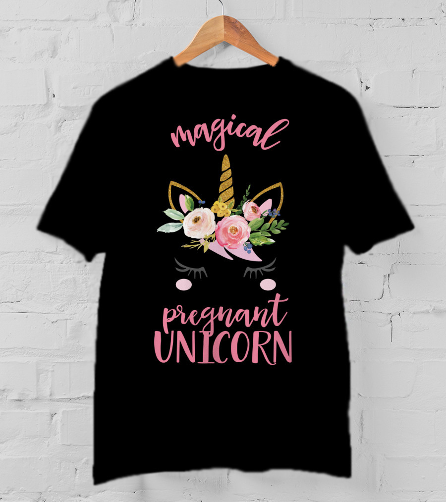 Magical Pregnant Unicorn Floral Horn T-Shirt