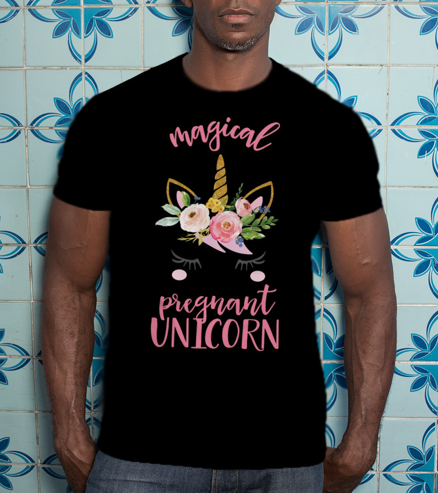 Magical Pregnant Unicorn Floral Horn T-Shirt