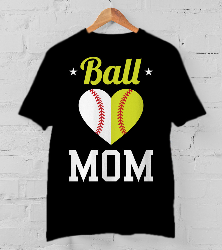 Ball Mom Heart Baseball Softball Dual Sports Mom T-Shirt