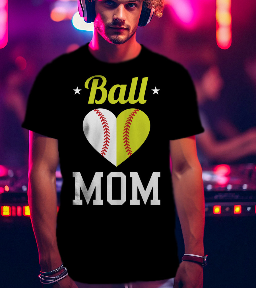 Ball Mom Heart Baseball Softball Dual Sports Mom T-Shirt