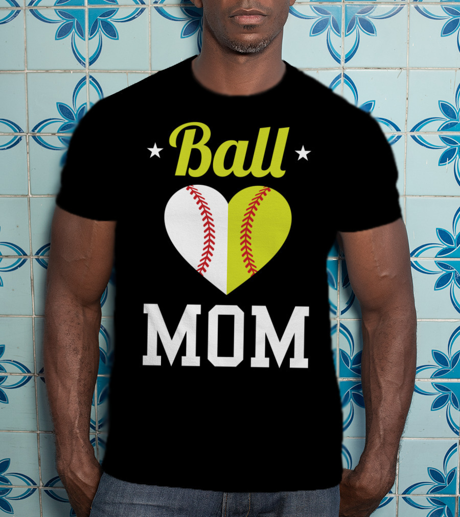 Ball Mom Heart Baseball Softball Dual Sports Mom T-Shirt