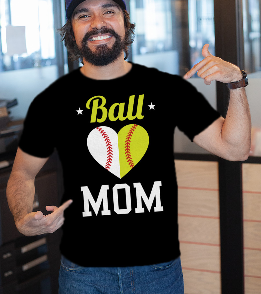 Ball Mom Heart Baseball Softball Dual Sports Mom T-Shirt
