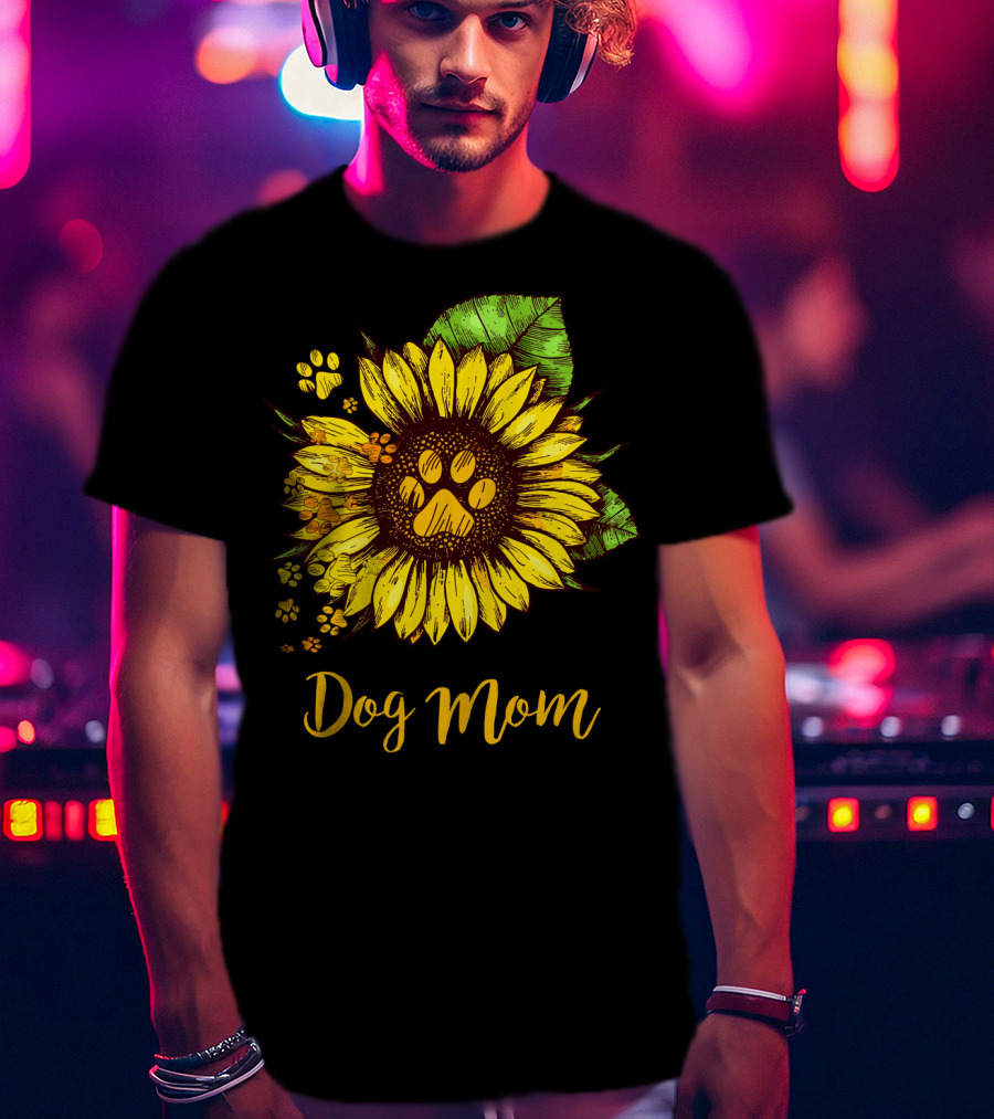 Dog Mom Sunflower With Dog Paw Prints T-Shirt