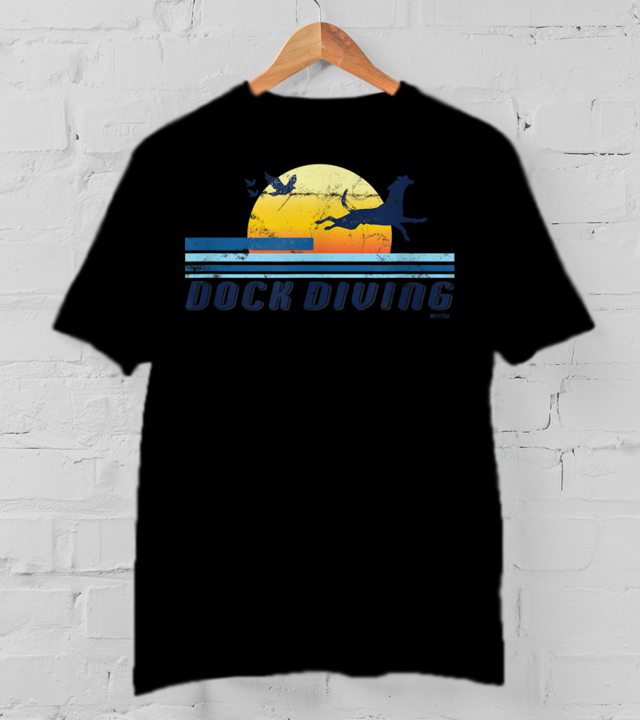 Dock Diving Jumping Dog Mom Dad Retro Sunset T-Shirt