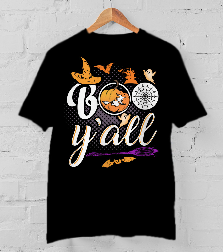 Boo Y'all Halloween Witch Hat Pumpkin Ghost Spiderweb Broomstick T-Shirt