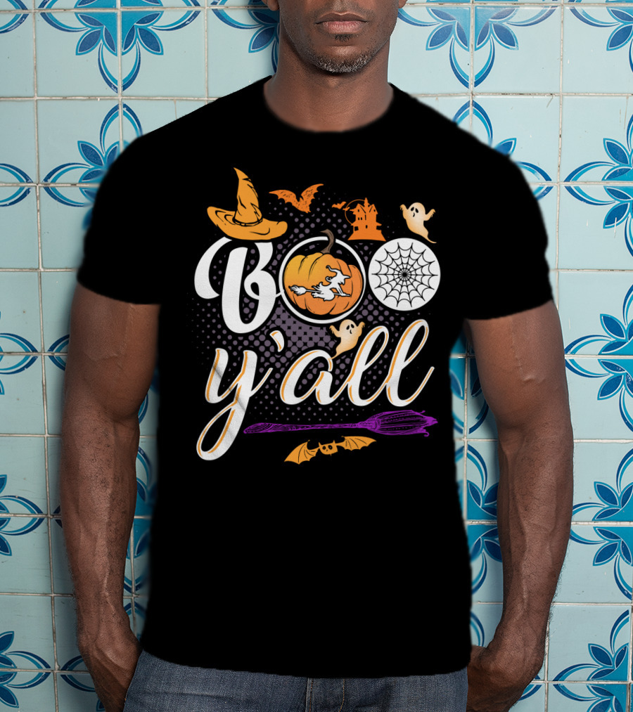 Boo Y'all Halloween Witch Hat Pumpkin Ghost Spiderweb Broomstick T-Shirt