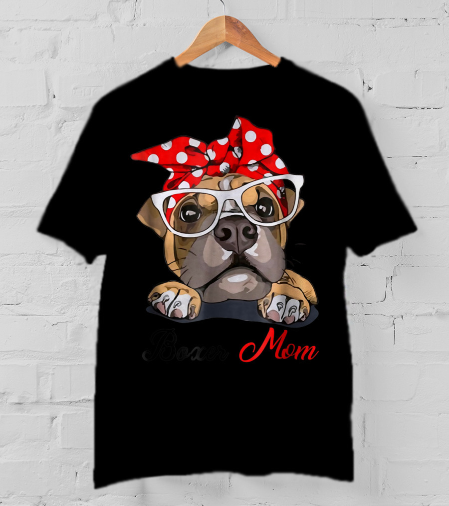 Boxer Mom Funny Boxer Dog With Glasses And Red Polka Dot Bandana T-Shirt