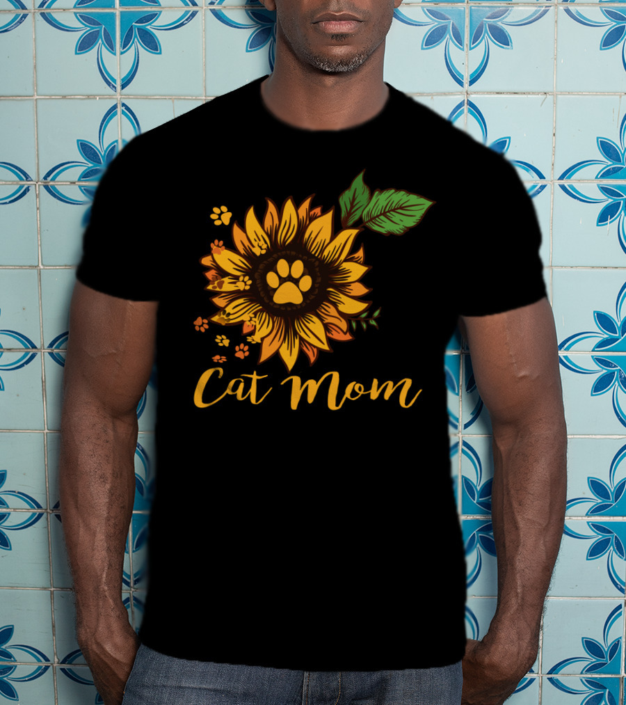Cat Mom Sunflower Paw Prints T-Shirt