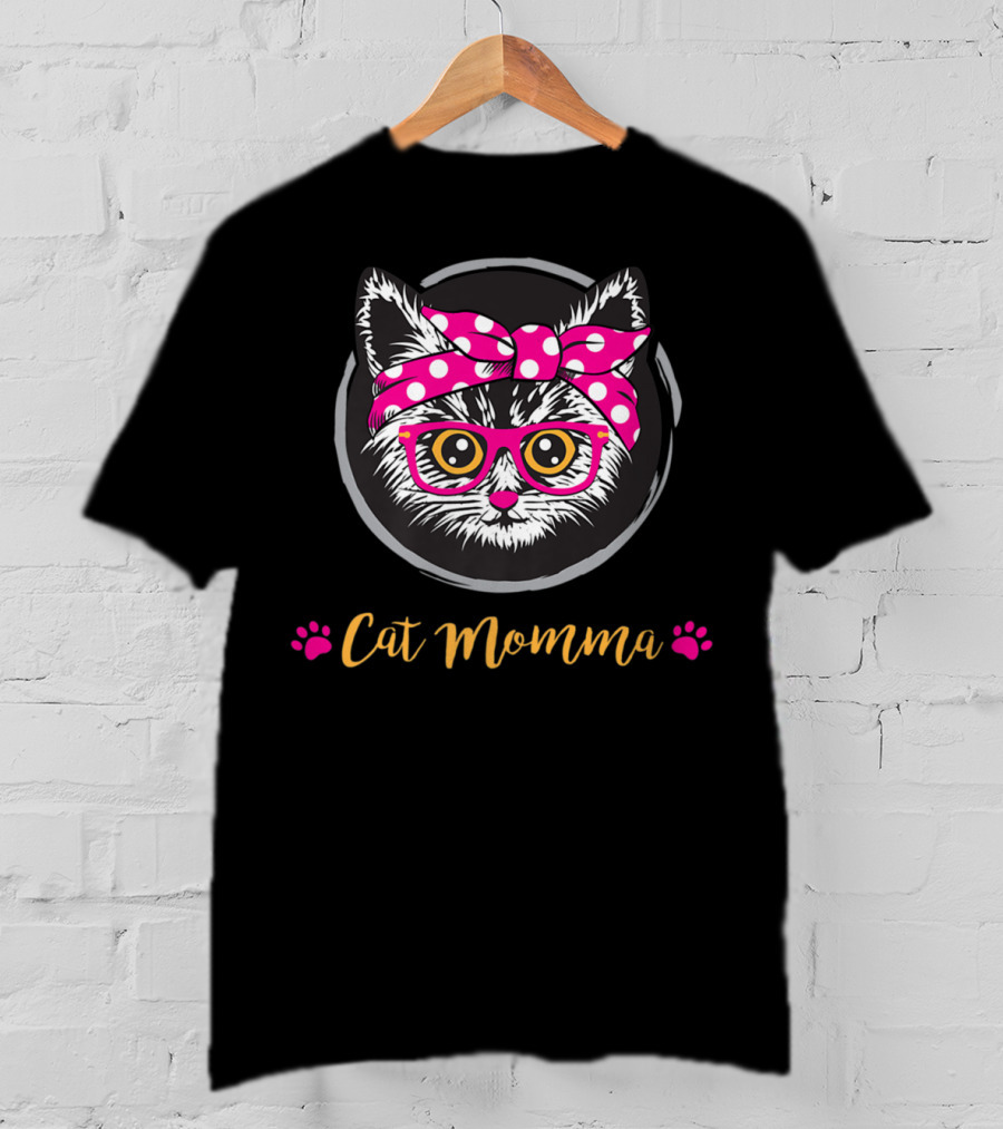 Cat Momma Pink Bow Glasses Paws T-Shirt
