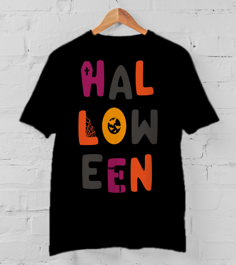 Halloween Cute Teacher Mom Dad Spider Bat Cross Stitched Text T-Shirt