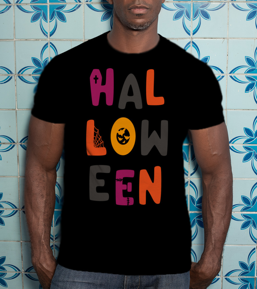 Halloween Cute Teacher Mom Dad Spider Bat Cross Stitched Text T-Shirt