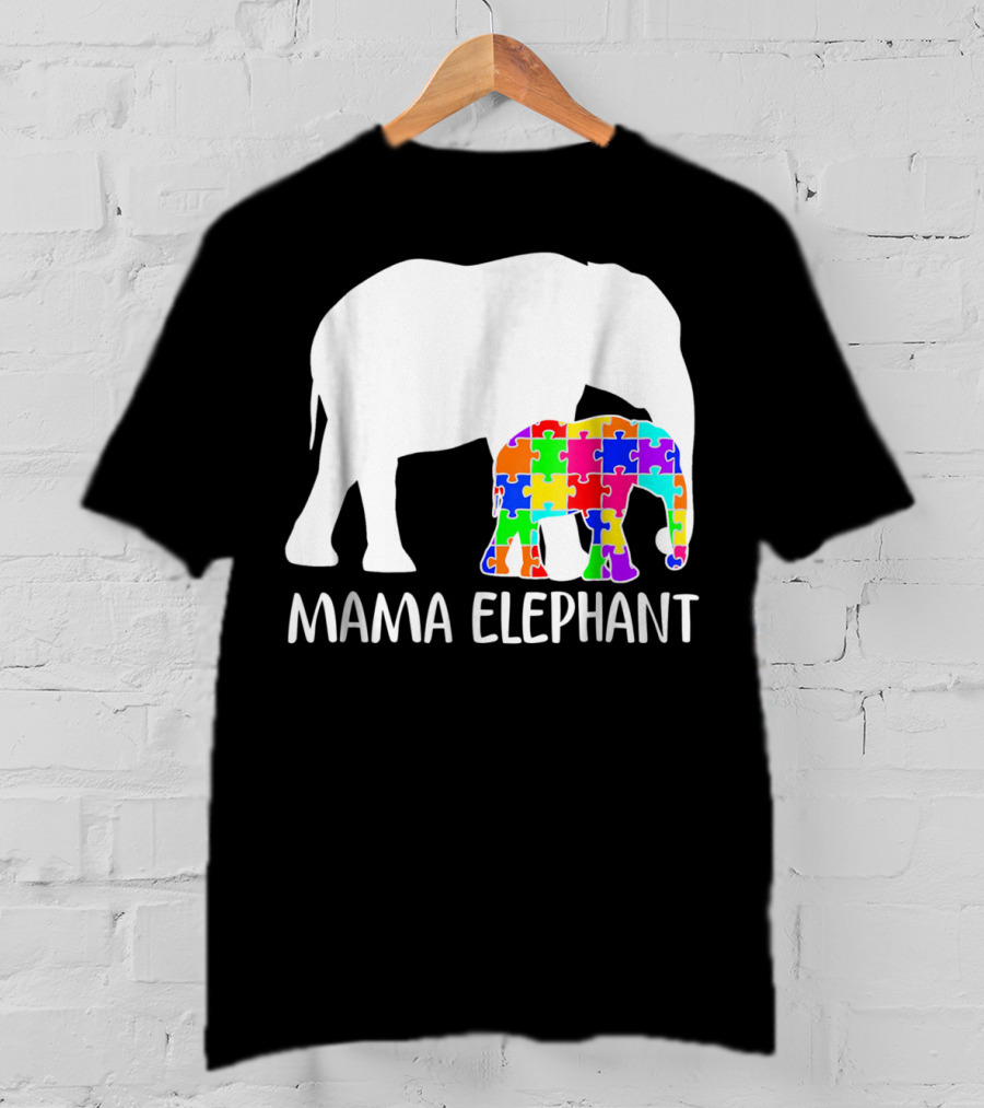 Mama Elephant Autism Awareness Puzzle Elephant Mother T-Shirt