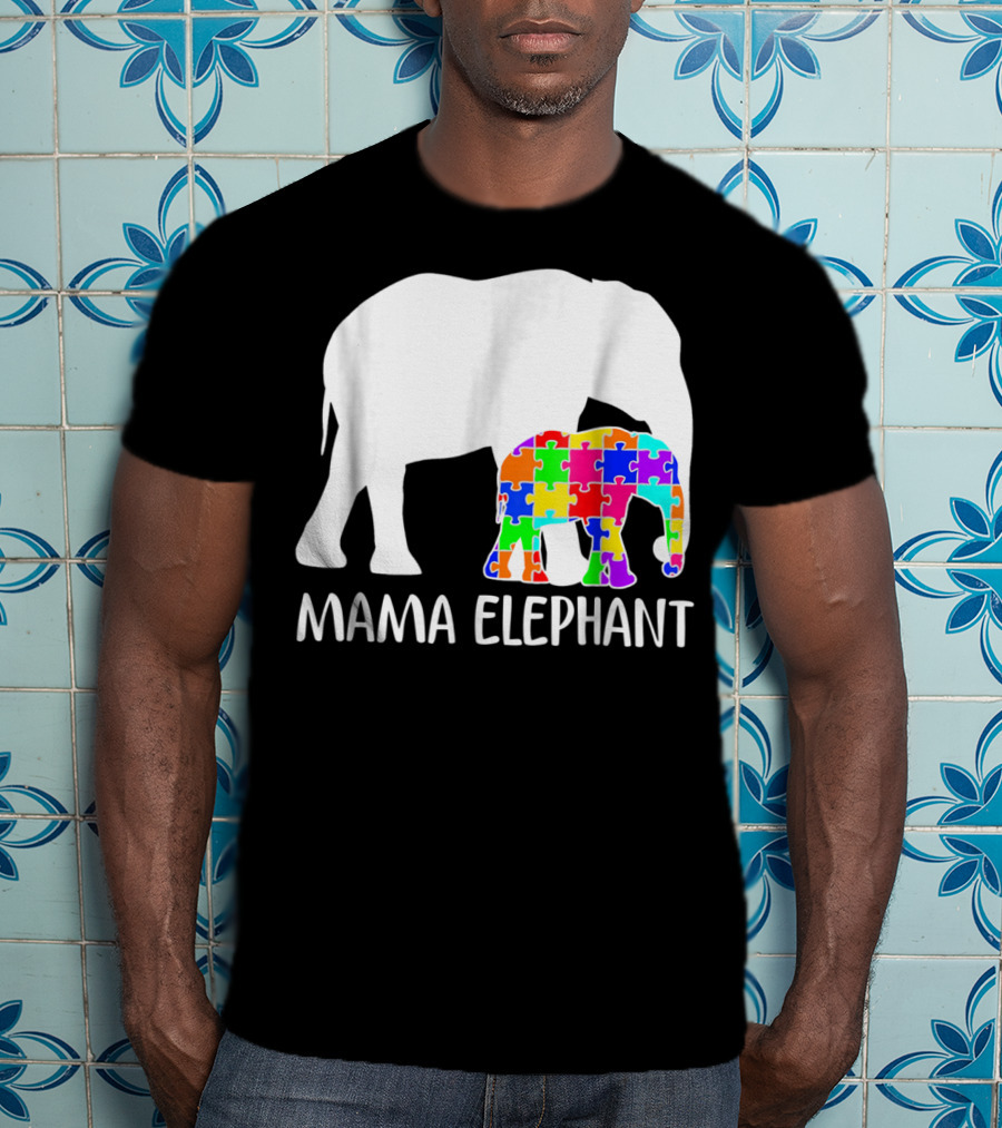 Mama Elephant Autism Awareness Puzzle Elephant Mother T-Shirt