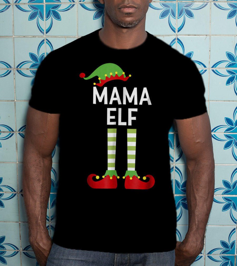Mama Elf Mom Cute Matching Family Christmas Elves Green Hat Red Shoes Striped Socks T-Shirt