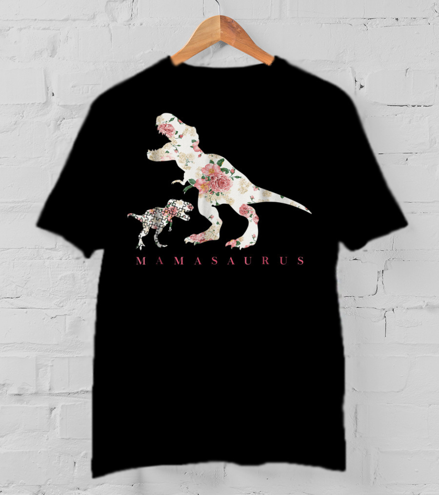 Mamasaurus Dinosaur With Floral And Puzzle Pattern For Autism Awareness T-Shirt
