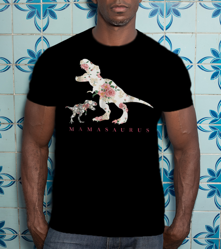 Mamasaurus Dinosaur With Floral And Puzzle Pattern For Autism Awareness T-Shirt