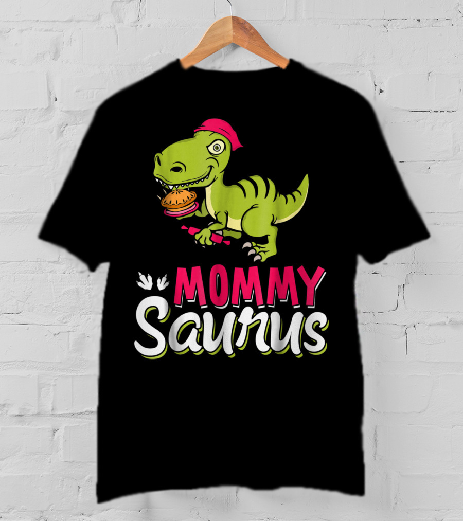 Mommy Saurus T-Rex Dinosaur With Burger And Red Bandana T-Shirt