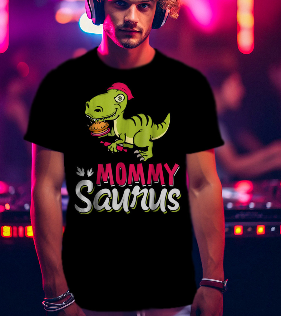 Mommy Saurus T-Rex Dinosaur With Burger And Red Bandana T-Shirt