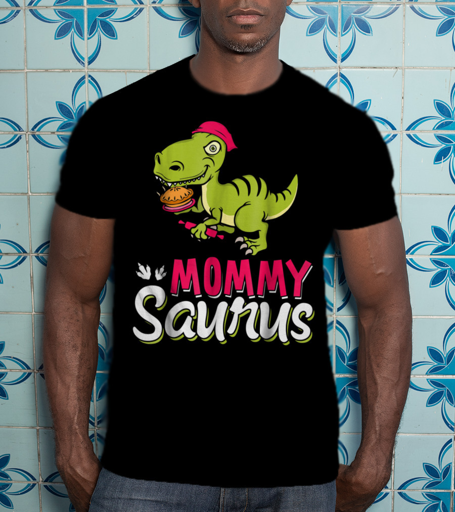 Mommy Saurus T-Rex Dinosaur With Burger And Red Bandana T-Shirt