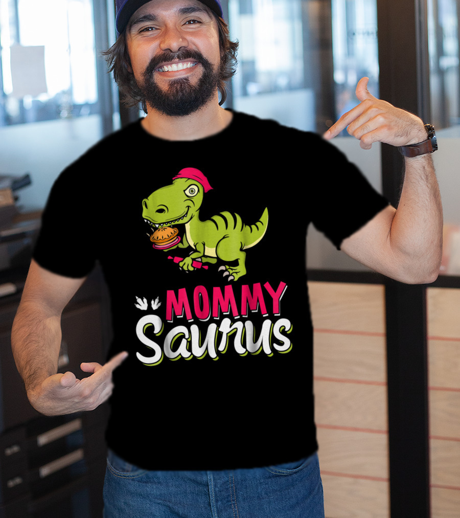 Mommy Saurus T-Rex Dinosaur With Burger And Red Bandana T-Shirt