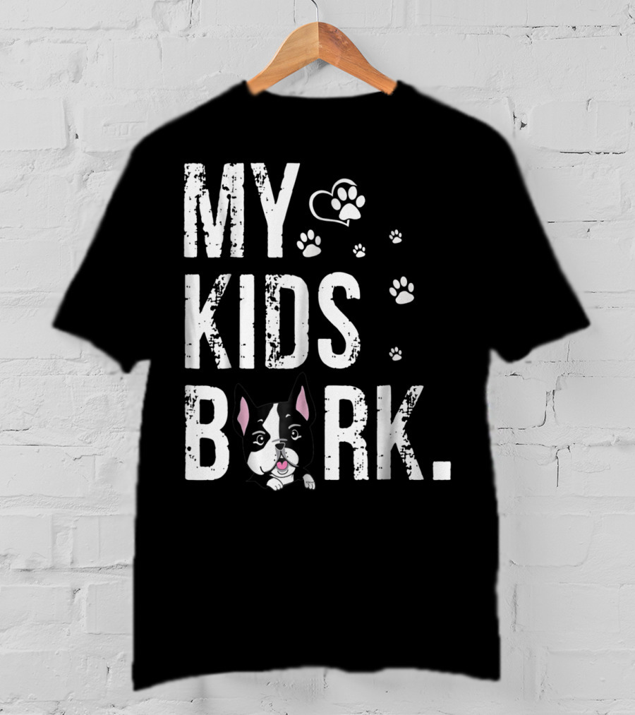 MY KIDS BARK Dog Paws Heart Icon Boston Terrier T-Shirt