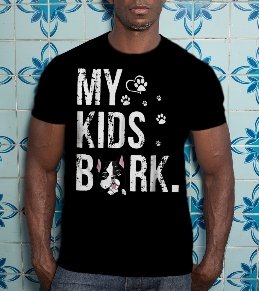 MY KIDS BARK Dog Paws Heart Icon Boston Terrier T-Shirt