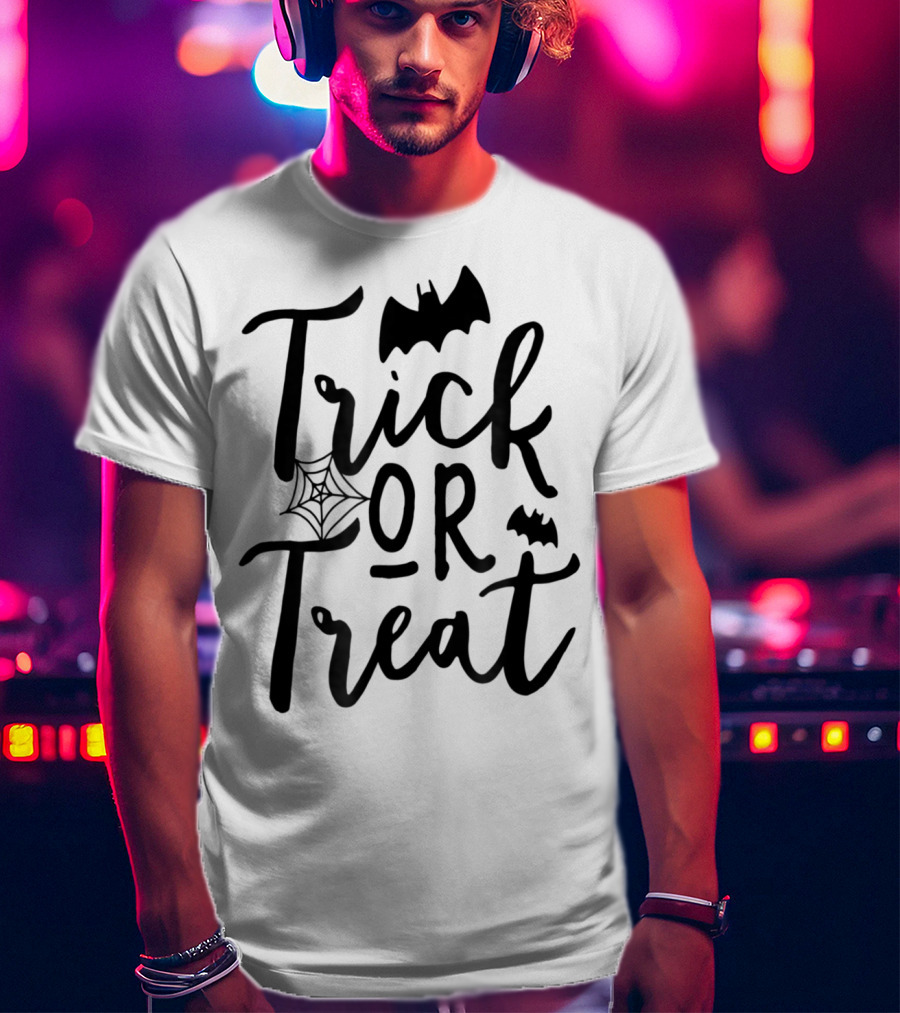 Trick Or Treat Halloween Kids Dad Teacher Mom Wife4 Spooky Bat And Cobweb T-Shirt