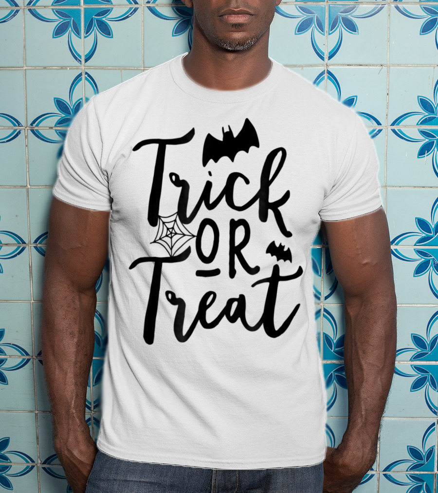 Trick Or Treat Halloween Kids Dad Teacher Mom Wife4 Spooky Bat And Cobweb T-Shirt