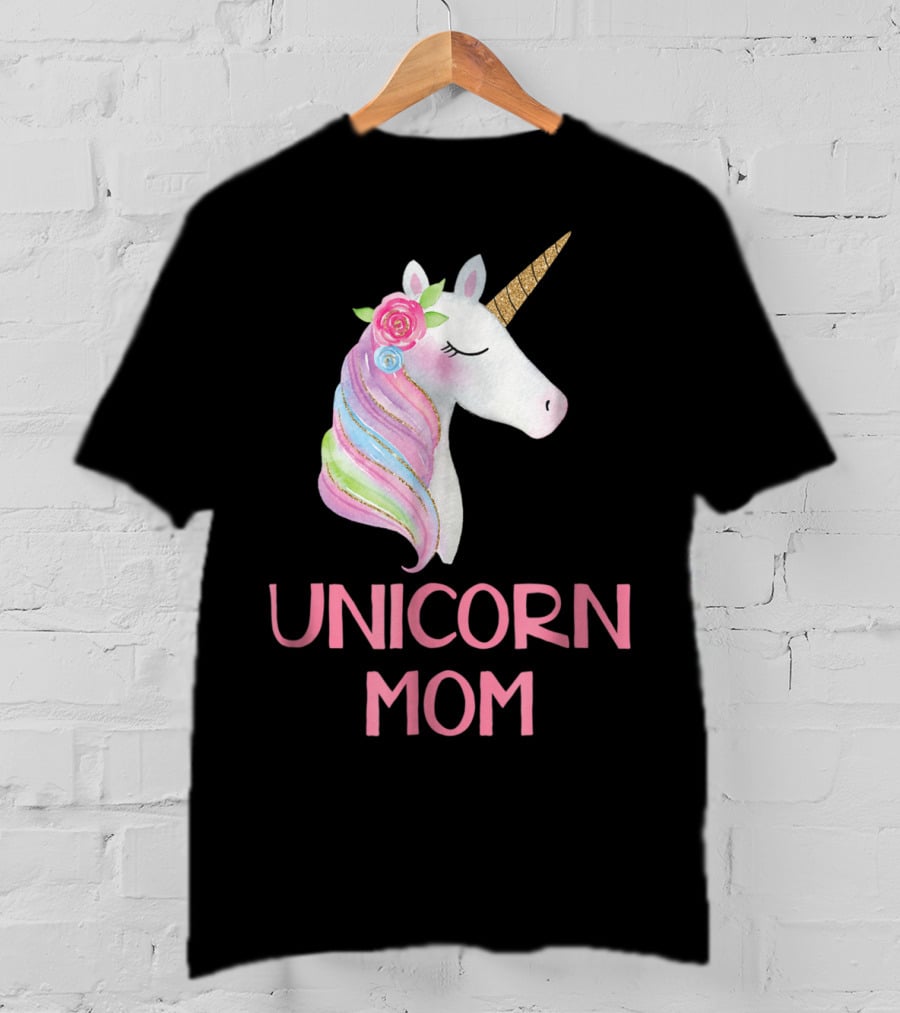 Unicorn Mom Watercolor Pink Flowers And Gold Horn Rainbow Mane T-Shirt
