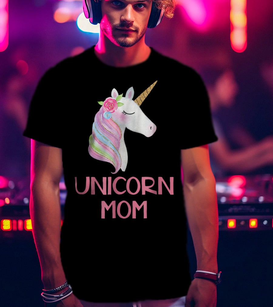Unicorn Mom Watercolor Pink Flowers And Gold Horn Rainbow Mane T-Shirt