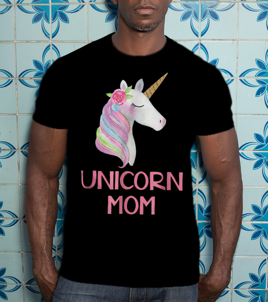 Unicorn Mom Watercolor Pink Flowers And Gold Horn Rainbow Mane T-Shirt