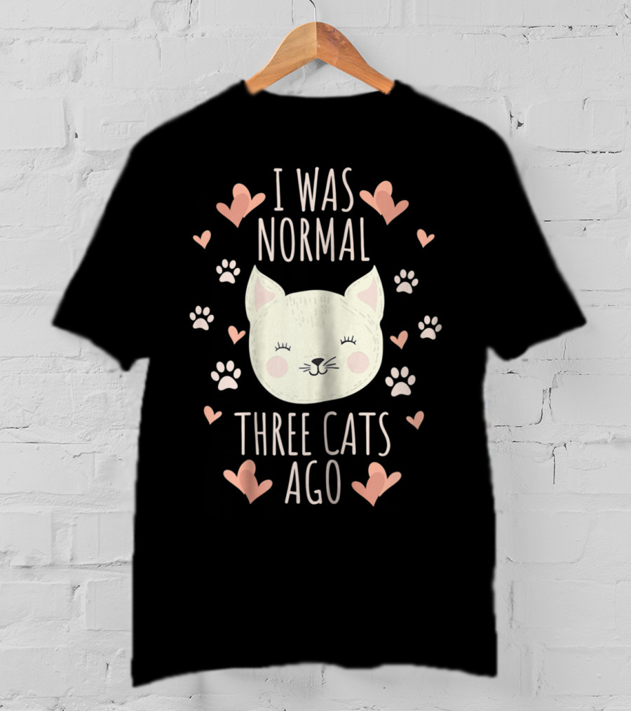 I Was Normal Three Cats Ago Cat Mom Crazy Cat Lady Hearts And Paw Prints T-Shirt