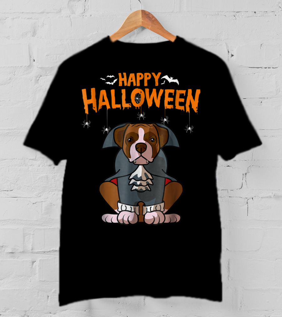 Happy Halloween Funny Boxer Dog Costume With Bats And Spiders T-Shirt