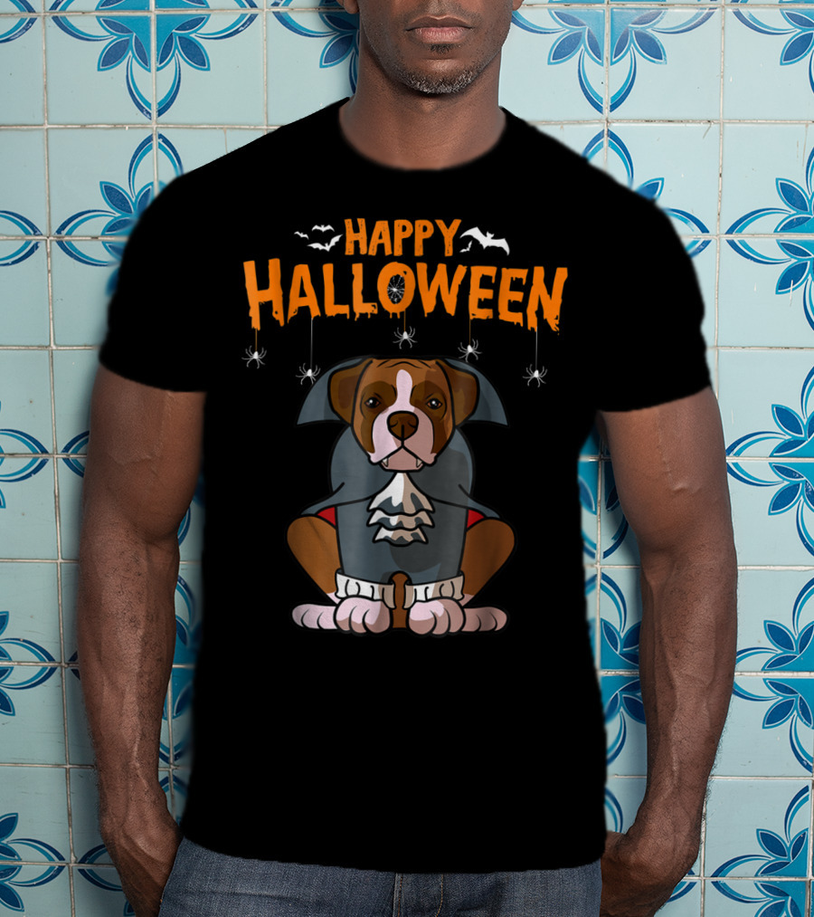 Happy Halloween Funny Boxer Dog Costume With Bats And Spiders T-Shirt