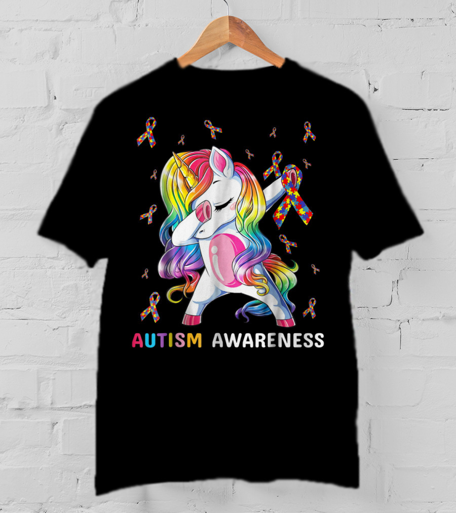 Autism Awareness Unicorn Dabbing With Rainbow Puzzle Ribbons T-Shirt