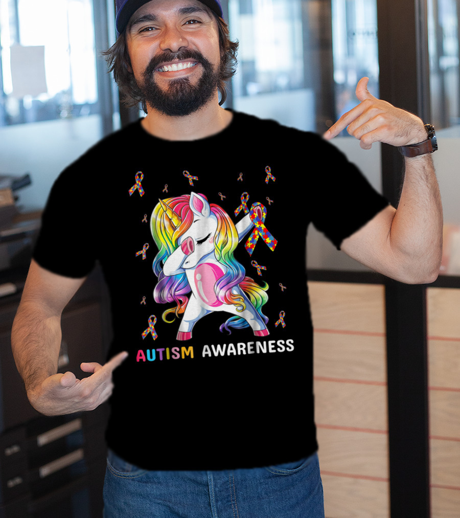 Autism Awareness Unicorn Dabbing With Rainbow Puzzle Ribbons T-Shirt