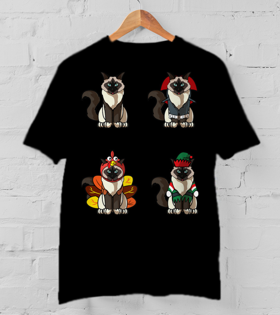Birman Cat Dracula Turkey Elf Halloween Thanksgiving Christmas T-Shirt