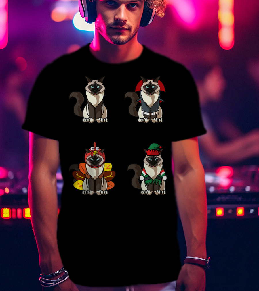 Birman Cat Dracula Turkey Elf Halloween Thanksgiving Christmas T-Shirt