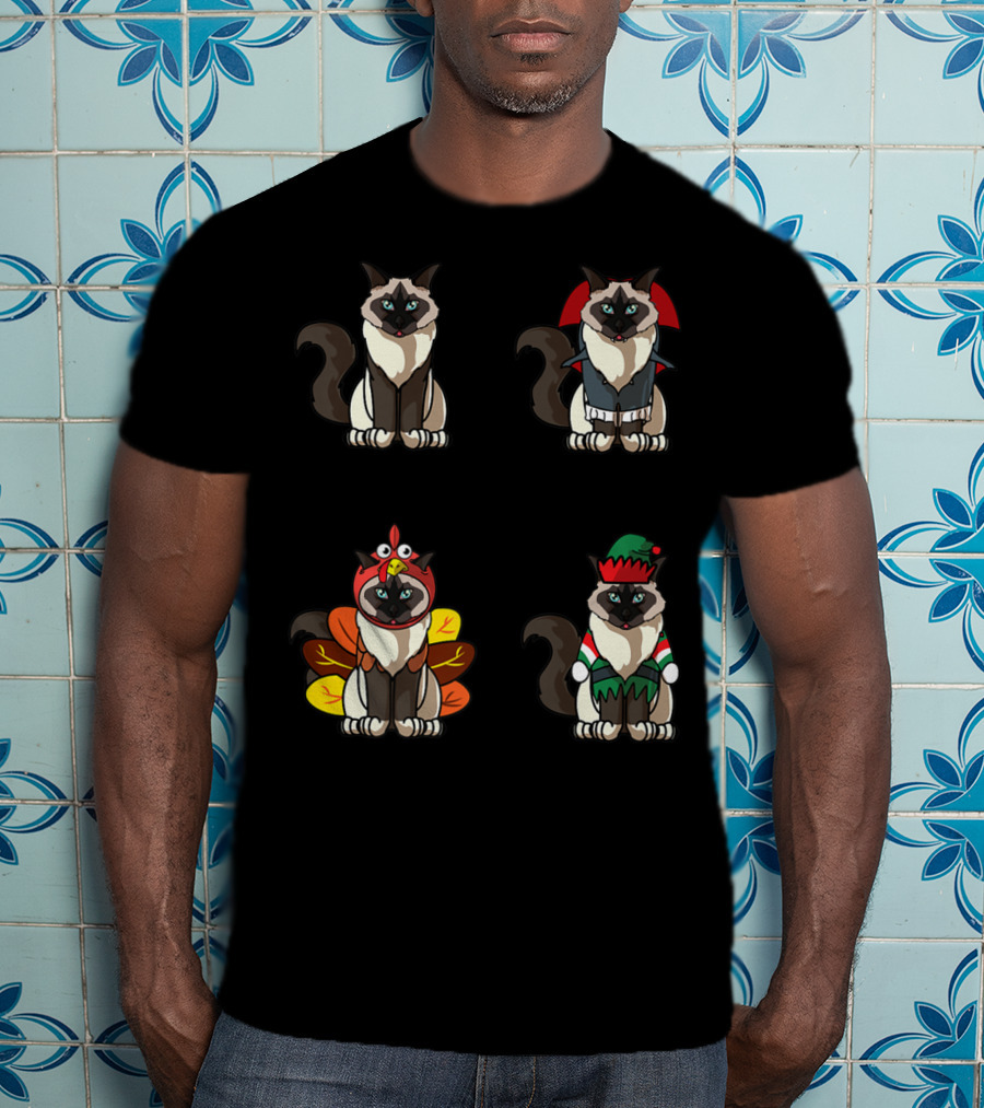Birman Cat Dracula Turkey Elf Halloween Thanksgiving Christmas T-Shirt