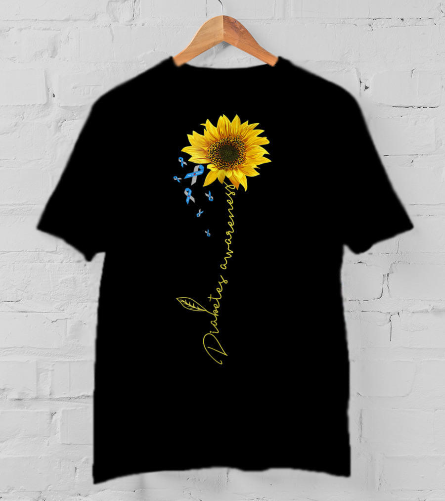 Diabetes Awareness Sunflower With Blue Ribbons T-Shirt